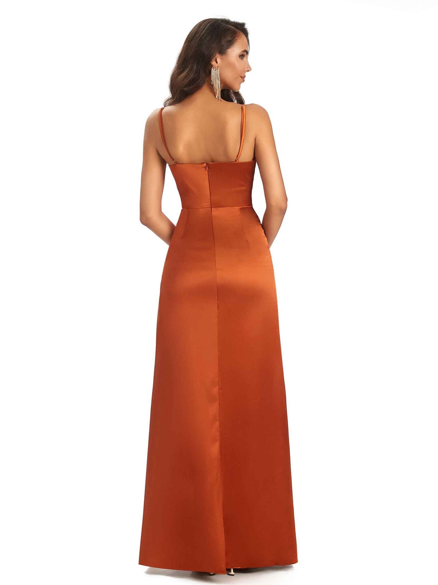 Sexy Soft Satin V-Neck Spaghetti Straps Side Slit Petite Long Bridesmaid Dresses UK