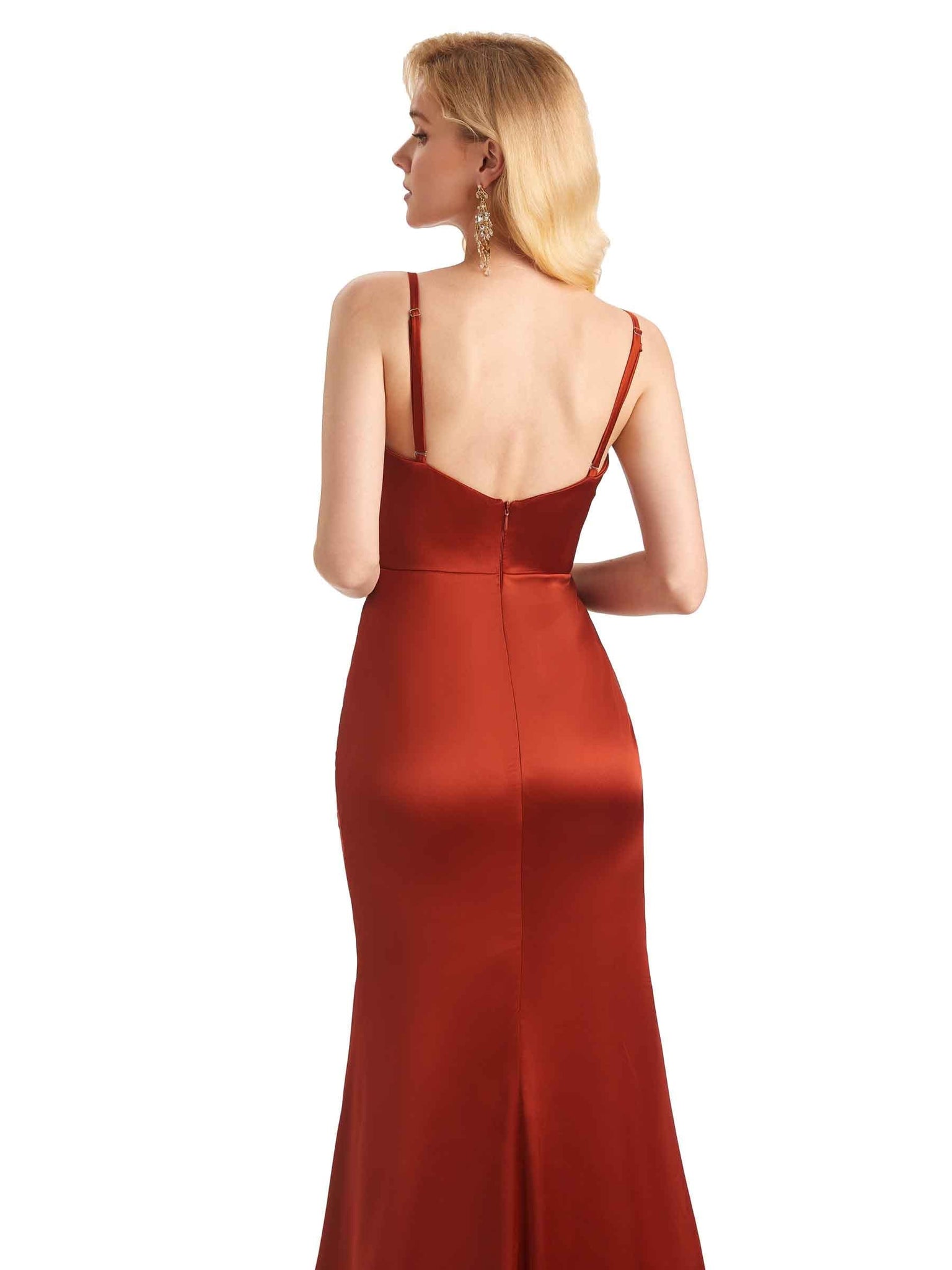 Sexy Side Slit V-Neck Spaghetti Straps Satin Wedding Bridesmaid Dresses UK Online