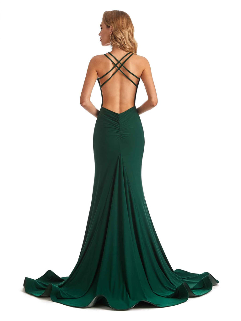 Sexy Mermaid Spaghetti Straps V-Neck Side Slit Stretchy Jersey Long Formal Bridesmaid Dresses