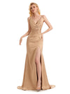 Sexy Side Slit V-neck Floor-Length Satin Maxi Mermaid Prom Dresses Online