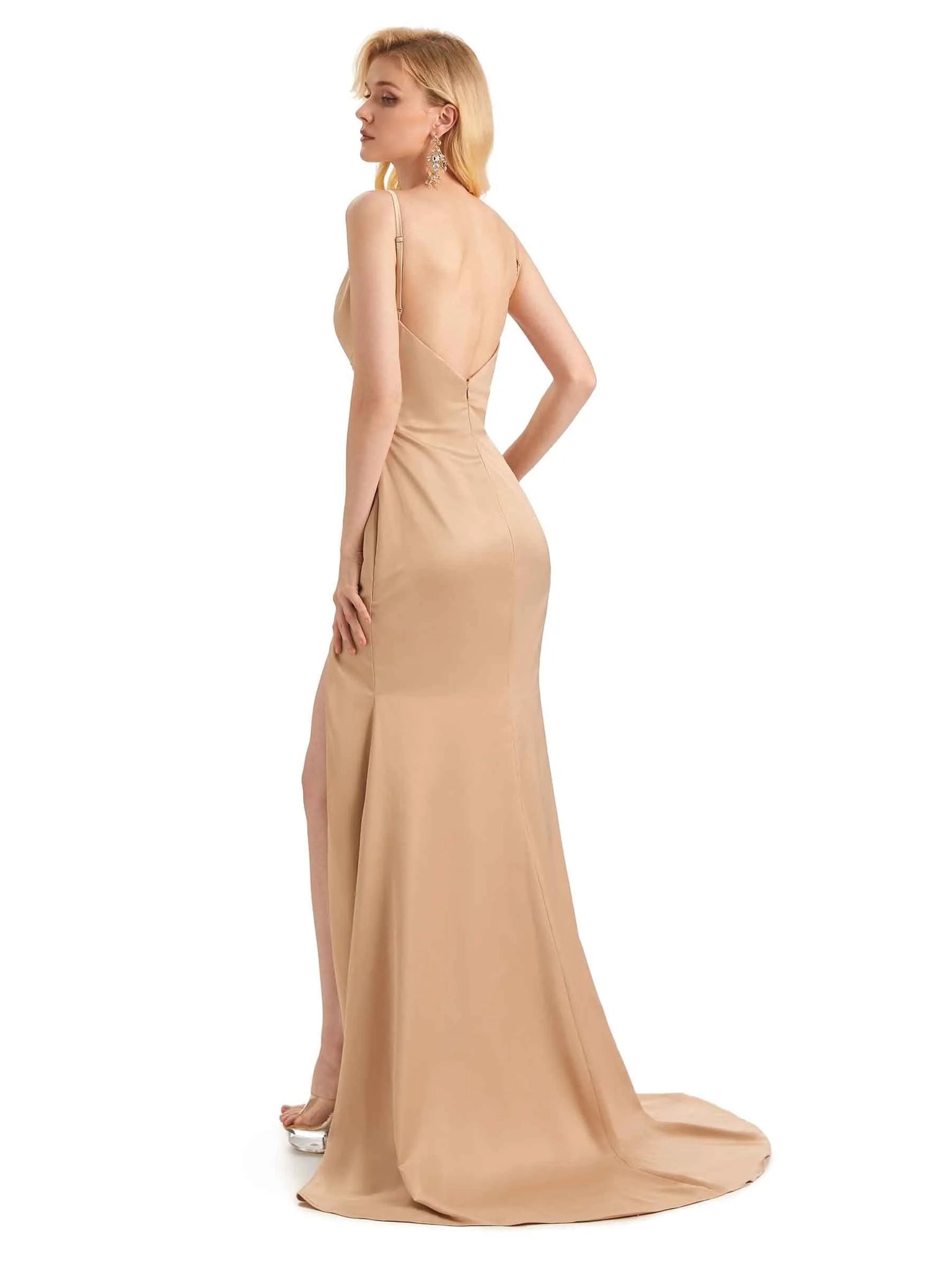 Sexy Side Slit V-neck Floor-Length Satin Maxi Mermaid Prom Dresses Online