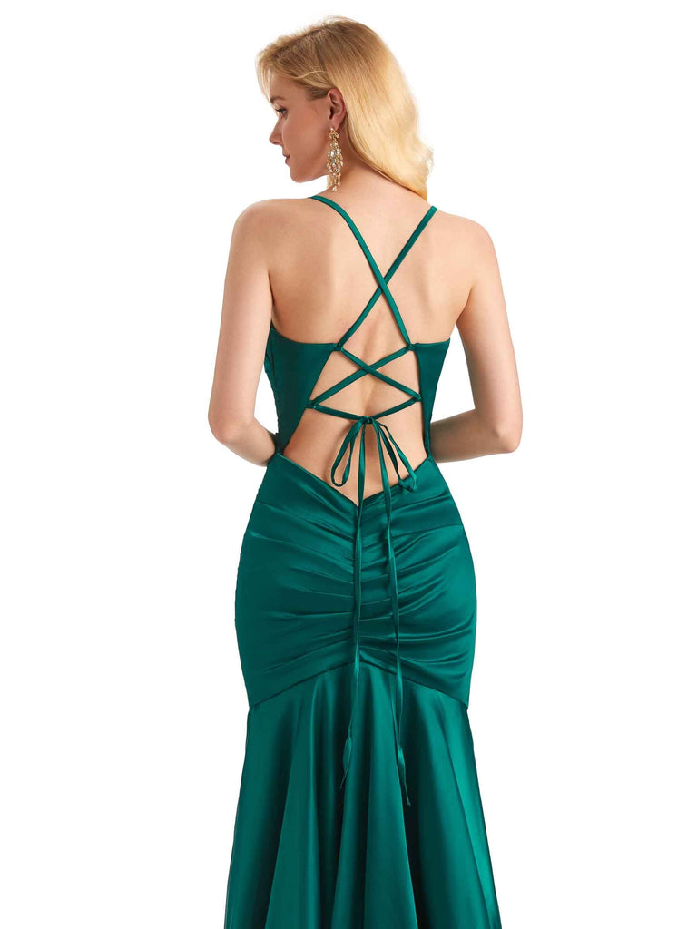 Sexy Side Slit Soft Satin Halter Straps Long Mermaid Maid Of Honor Dresses UK