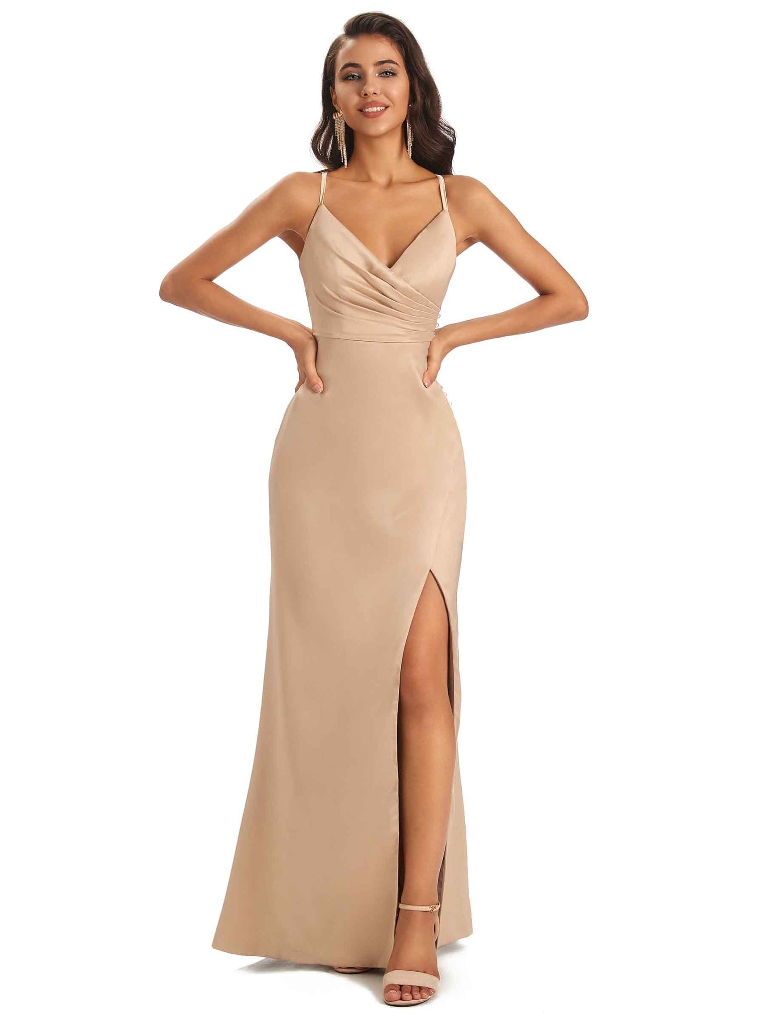 Soft Satin Side Slit Spaghetti Straps Floor-Length Sexy Mermaid Prom Dresses