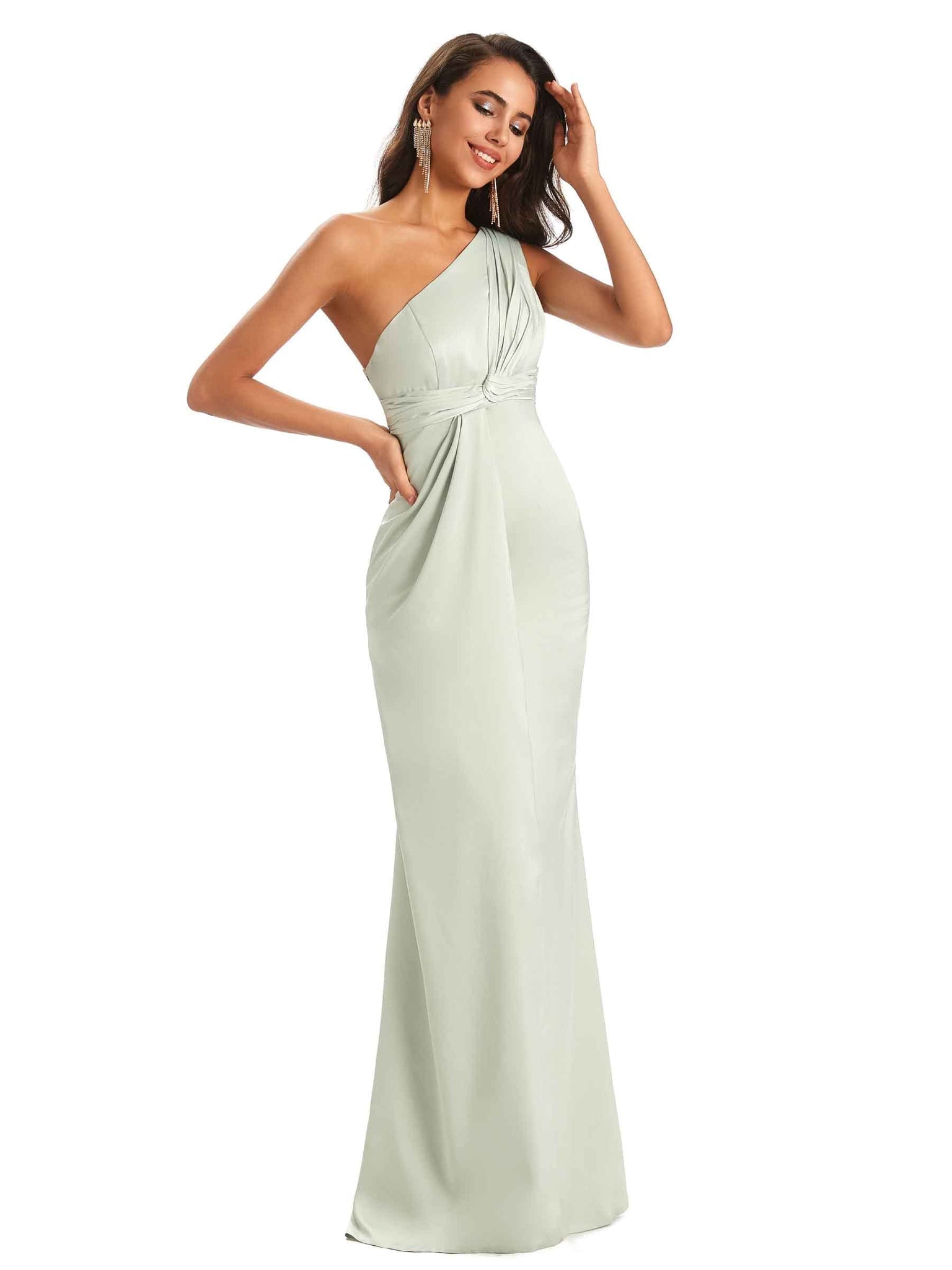 Sexy Soft Satin Side Slit One Shoulder Floor-Length Sheath Prom Dresses