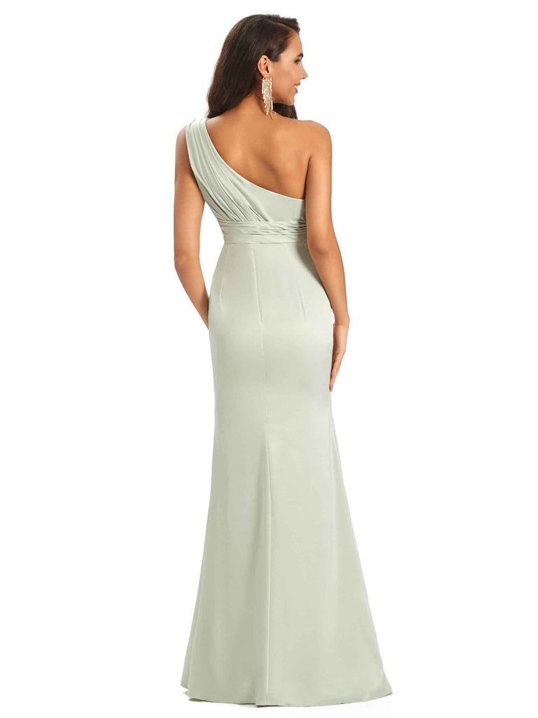 Sexy Soft Satin Side Slit One Shoulder Floor-Length Sheath Prom Dresses