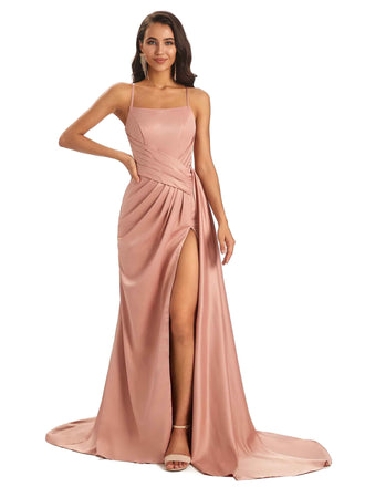 Sexy Soft Satin Side Slit Spaghetti straps Floor-Length A-line Prom Dresses