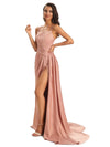 Sexy Soft Satin Side Slit Spaghetti straps Floor-Length A-line Prom Dresses