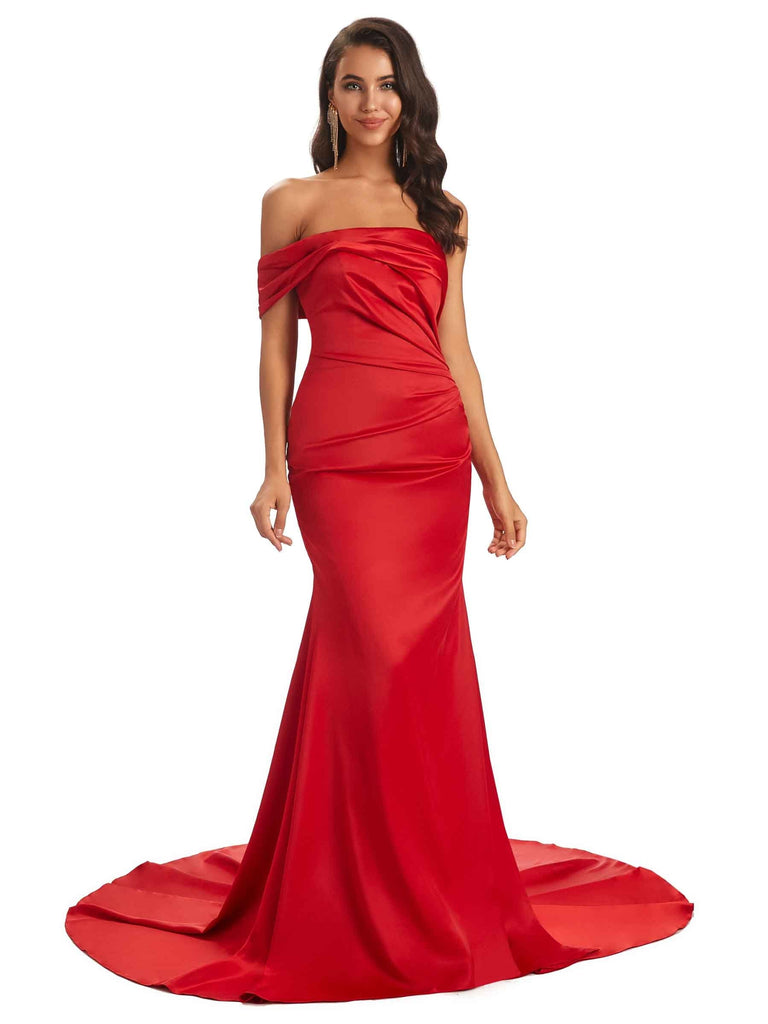 Sexy Soft Satin One Shoulder Pleats Floor-Length Mermaid Prom Dresses