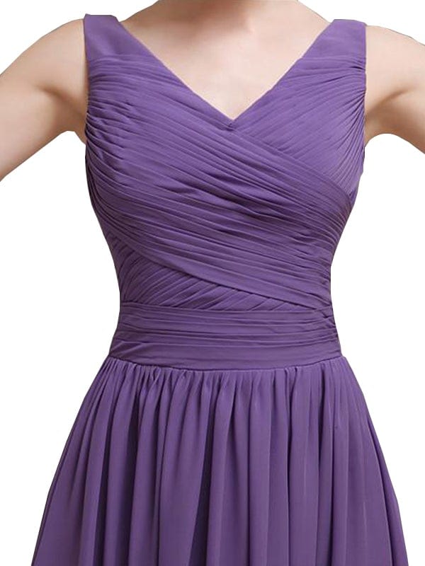 Simple V-Neck Pleats Chiffon Long Bridesmaid Dresses