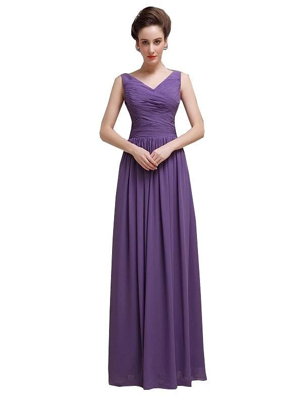 Simple V-Neck Pleats Chiffon Long Bridesmaid Dresses