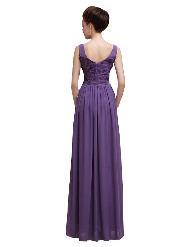 Simple V-Neck Pleats Chiffon Long Bridesmaid Dresses