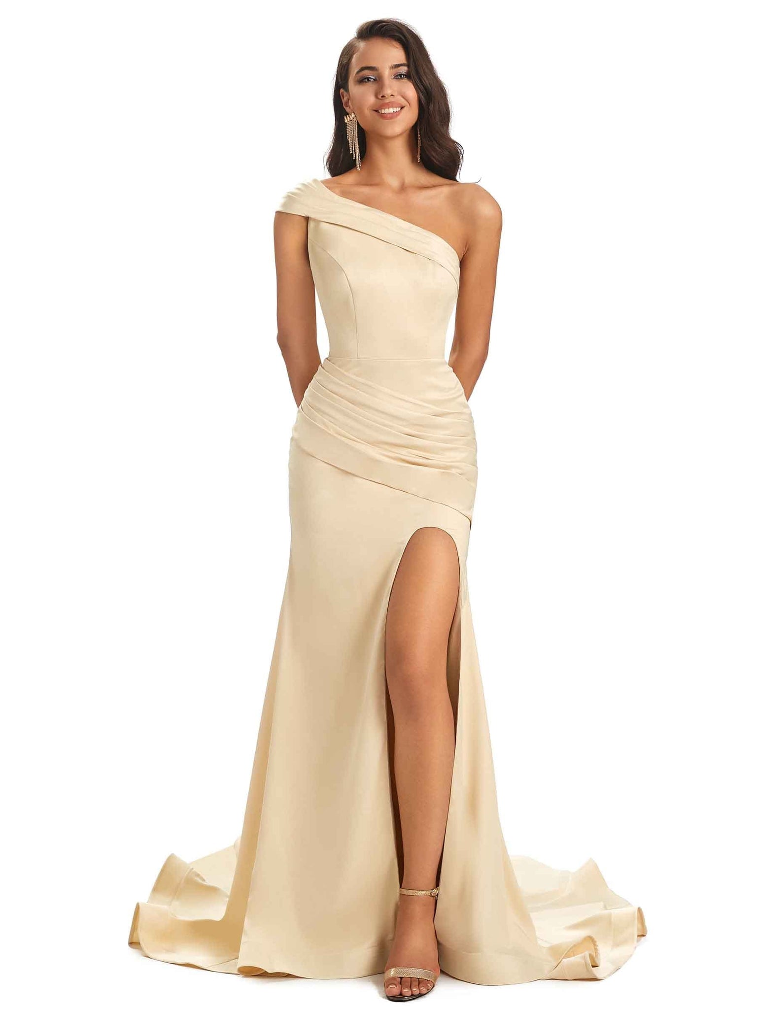 Sexy Soft Satin Side Slit One Shoulder Floor-Length Long Mermaid Prom Dresses Online