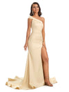 Sexy Soft Satin Side Slit One Shoulder Floor-Length Long Mermaid Prom Dresses Online