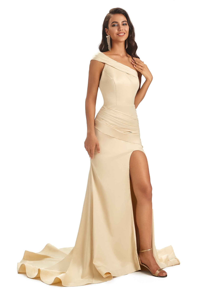 Sexy Soft Satin Side Slit One Shoulder Floor-Length Long Mermaid Prom Dresses Online