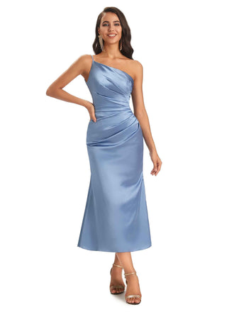Sexy Soft Satin One Shoulder Tea-Length Mermaid Prom Dresses