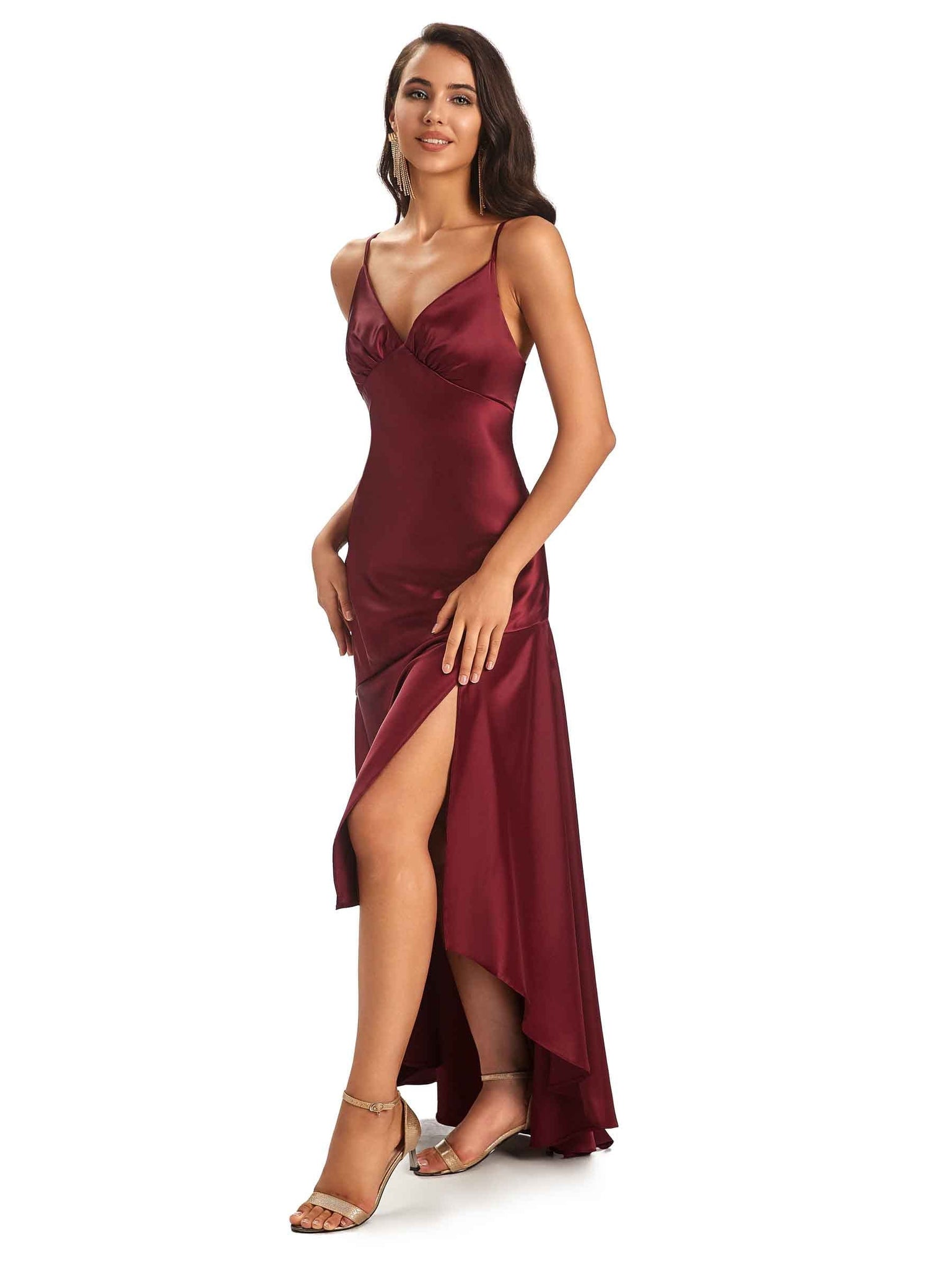 Spaghetti Straps Asymetric Sheath Soft Satin Side Slit Floor-Length Prom Dresses