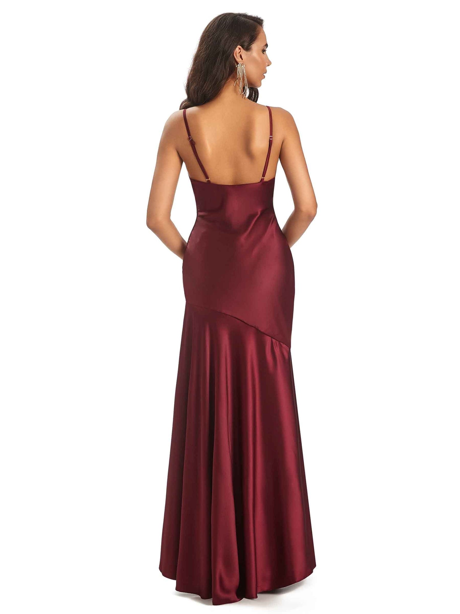 Spaghetti Straps Asymetric Sheath Soft Satin Side Slit Floor-Length Prom Dresses
