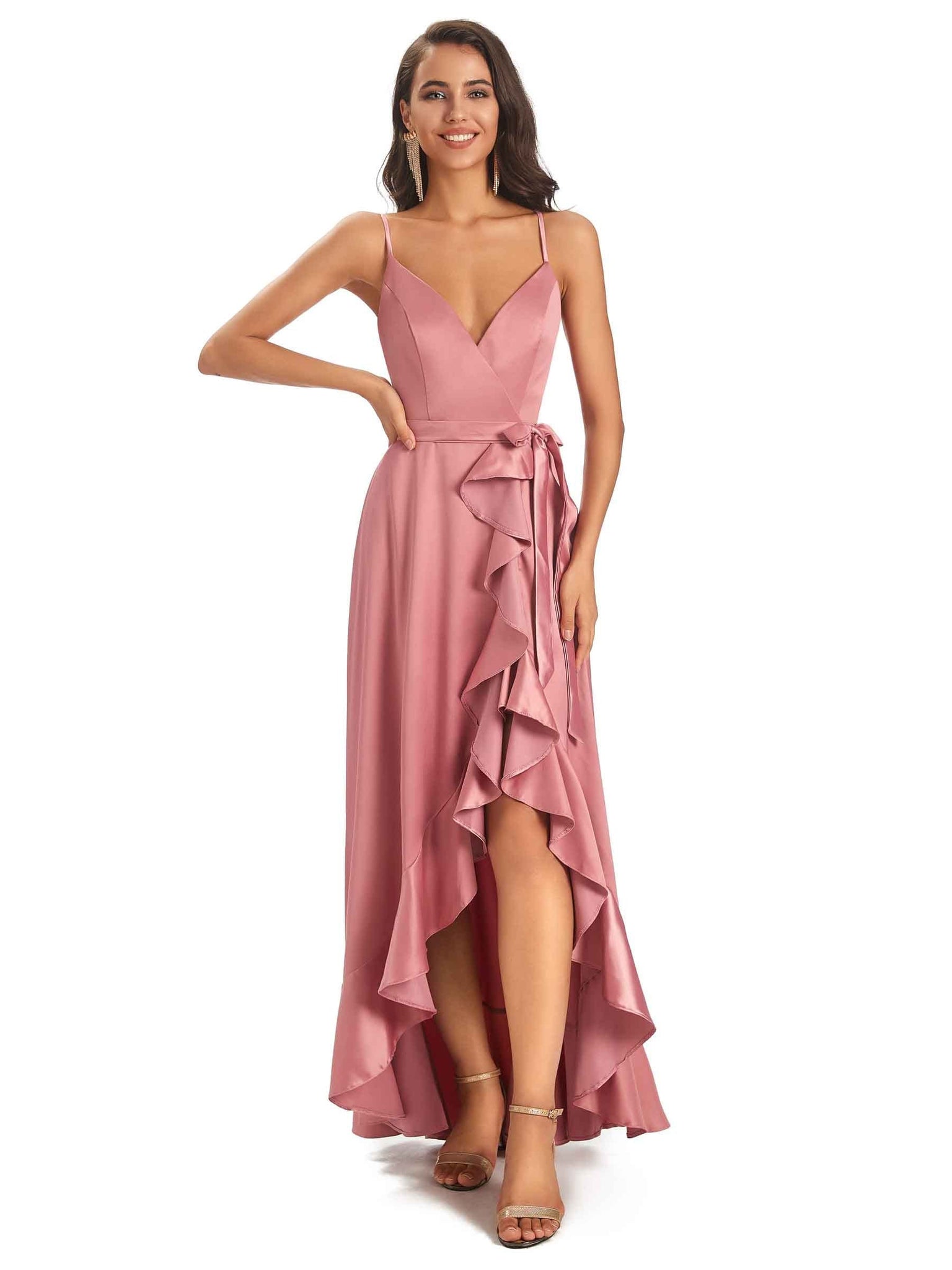 Spaghetti Straps Asymetric A-line Soft Satin Wrap V-neck Floor-Length Prom Dresses