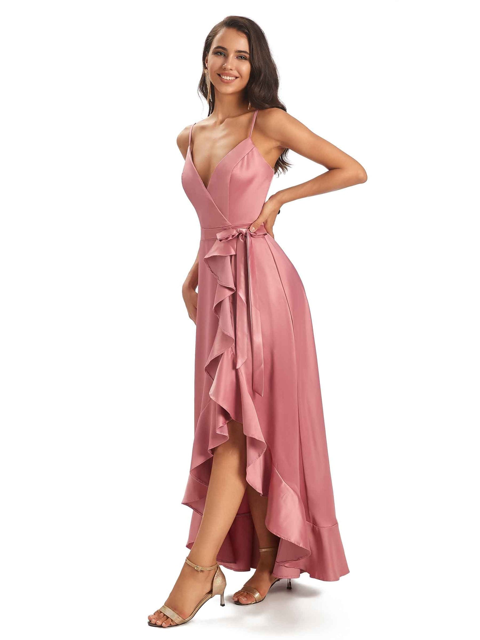 Spaghetti Straps Asymetric A-line Soft Satin Wrap V-neck Floor-Length Prom Dresses
