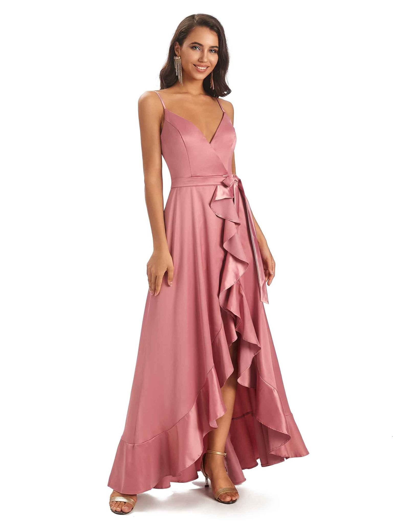 Spaghetti Straps Asymetric A-line Soft Satin Wrap V-neck Floor-Length Prom Dresses