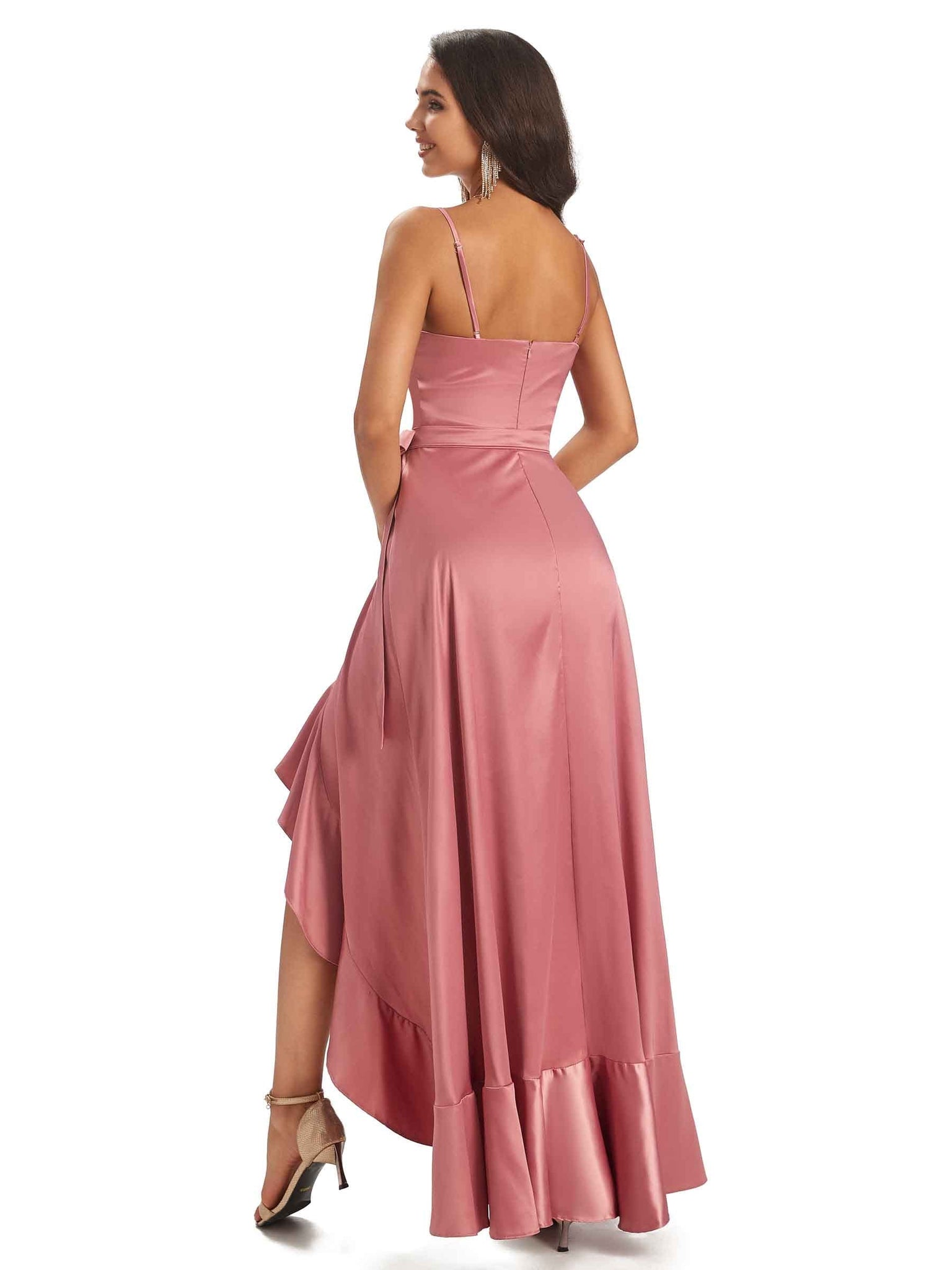 Spaghetti Straps Asymetric A-line Soft Satin Wrap V-neck Floor-Length Prom Dresses