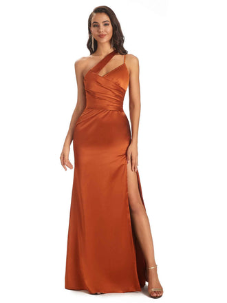 Elegant Soft Satin Side Slit One Shoulder Floor-Length Sheath Prom Dresses Online