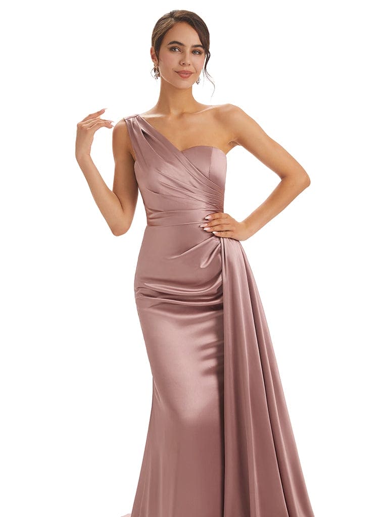 Elegant One Shoulder Soft Satin Pleats Mermaid Long Bridesmaid Dresses UK Online Sale