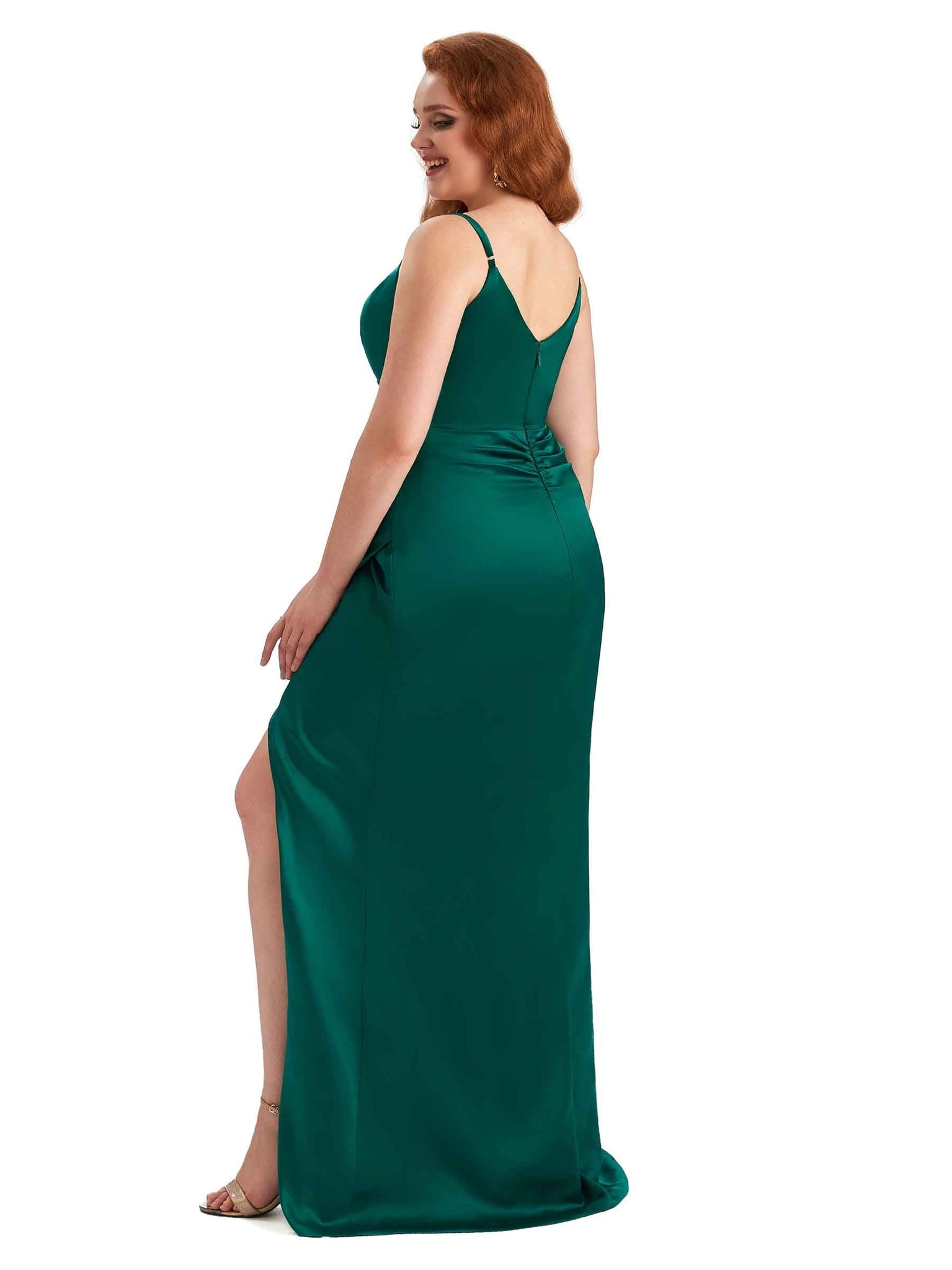 Sexy Side Slit Spaghetti Straps Mermaid V-neck Soft Satin Long Plus Size Bridesmaid Dress