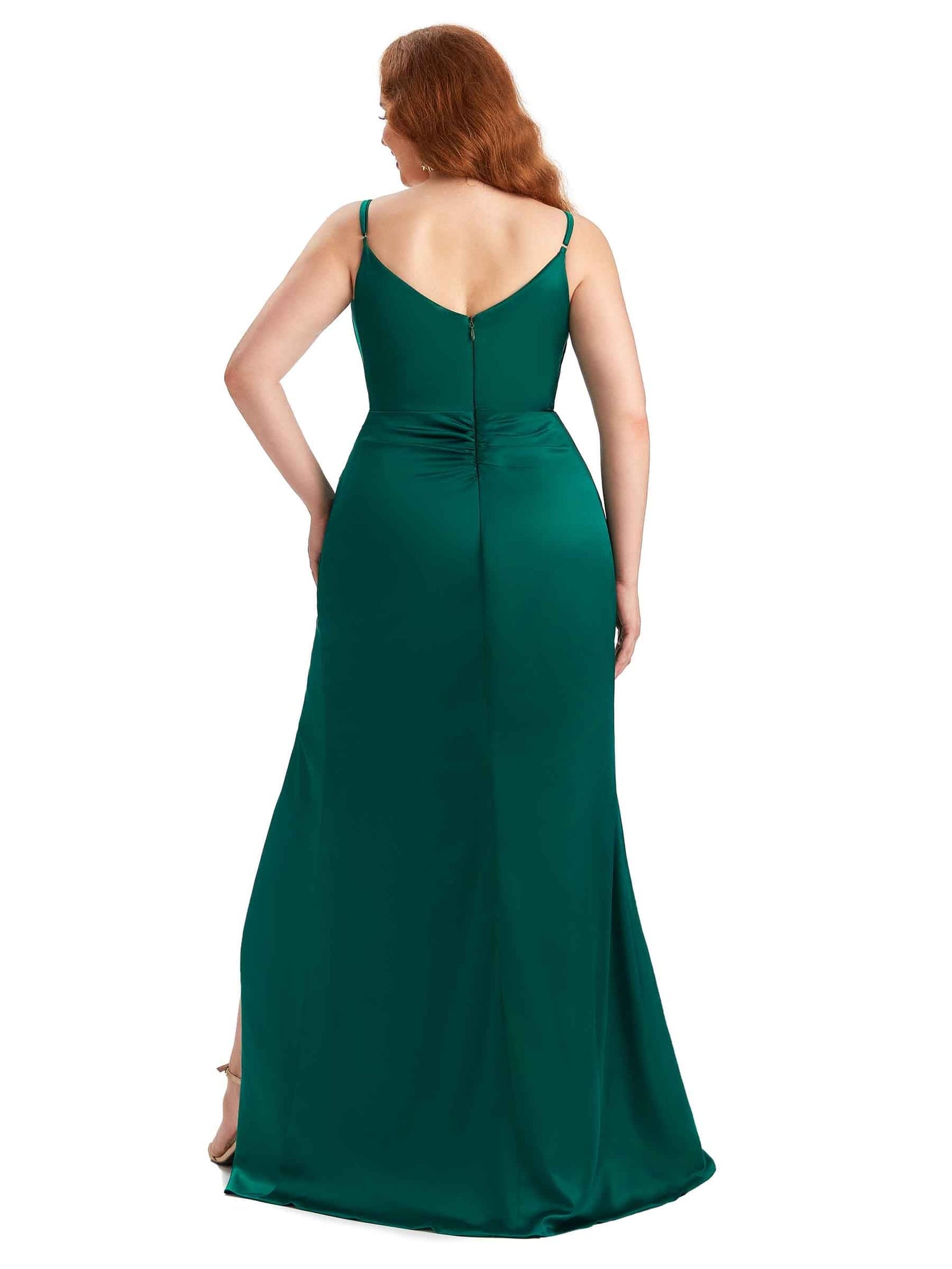 Sexy Side Slit Spaghetti Straps Mermaid V-neck Soft Satin Long Plus Size Bridesmaid Dress