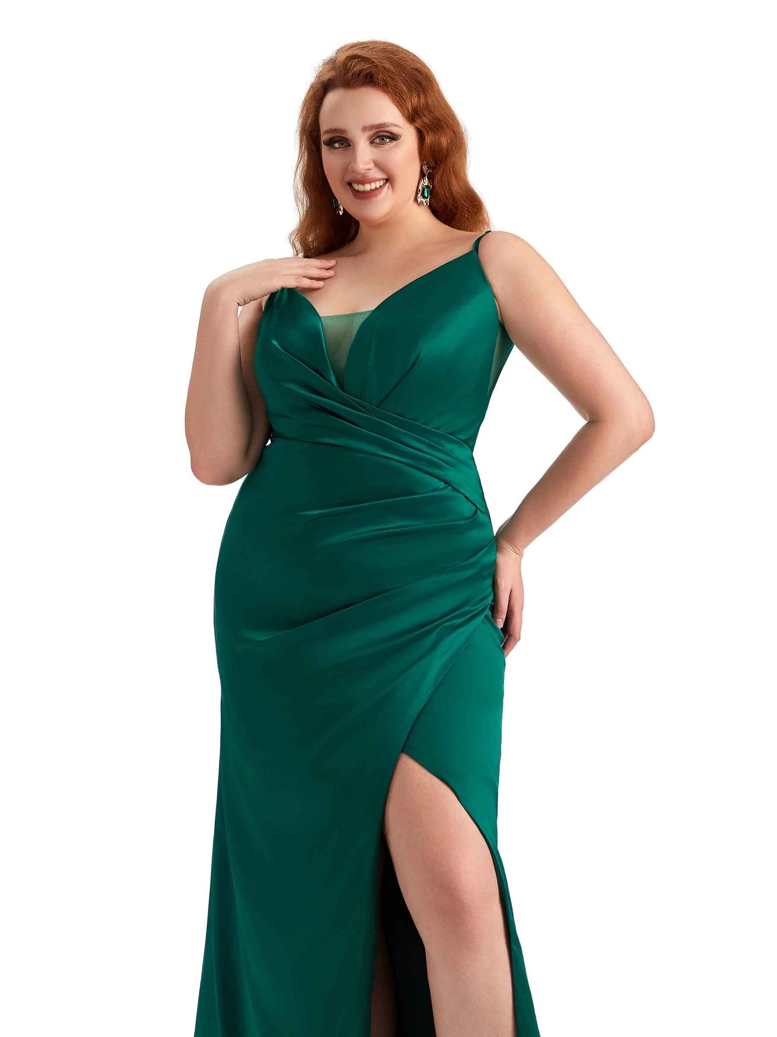 Sexy Side Slit Spaghetti Straps Mermaid V-neck Soft Satin Long Plus Size Bridesmaid Dress