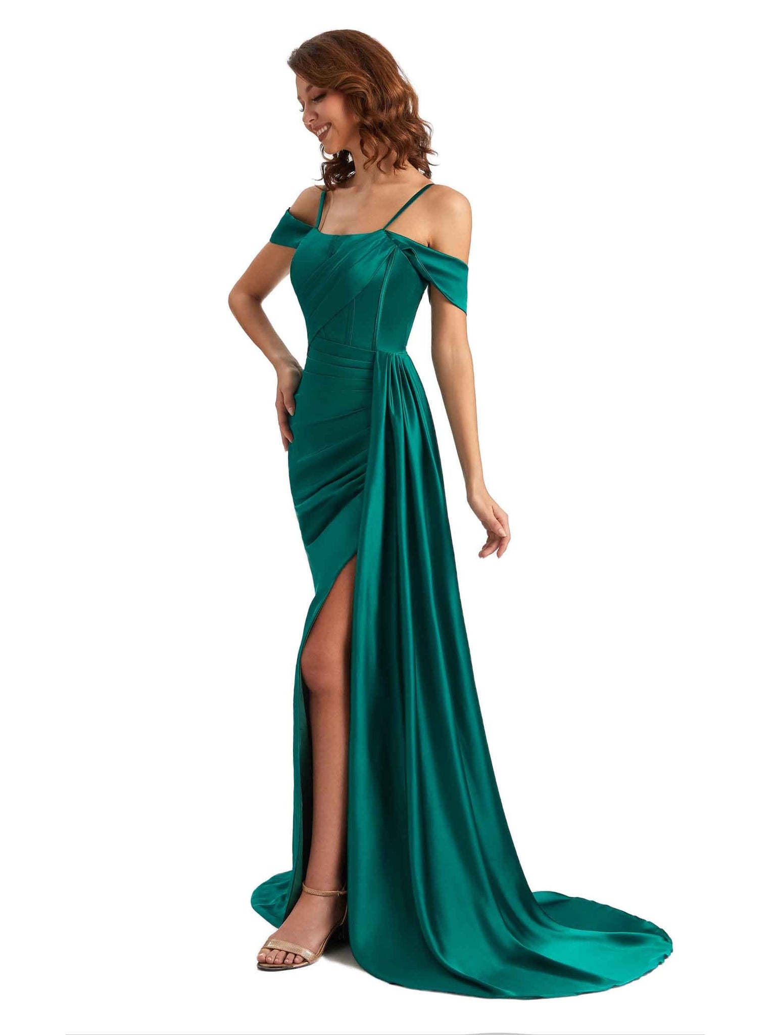 Sexy Side Slit Cold Shoulder Unique Mermaid Satin Chic Long Bridesmaid Dresses UK