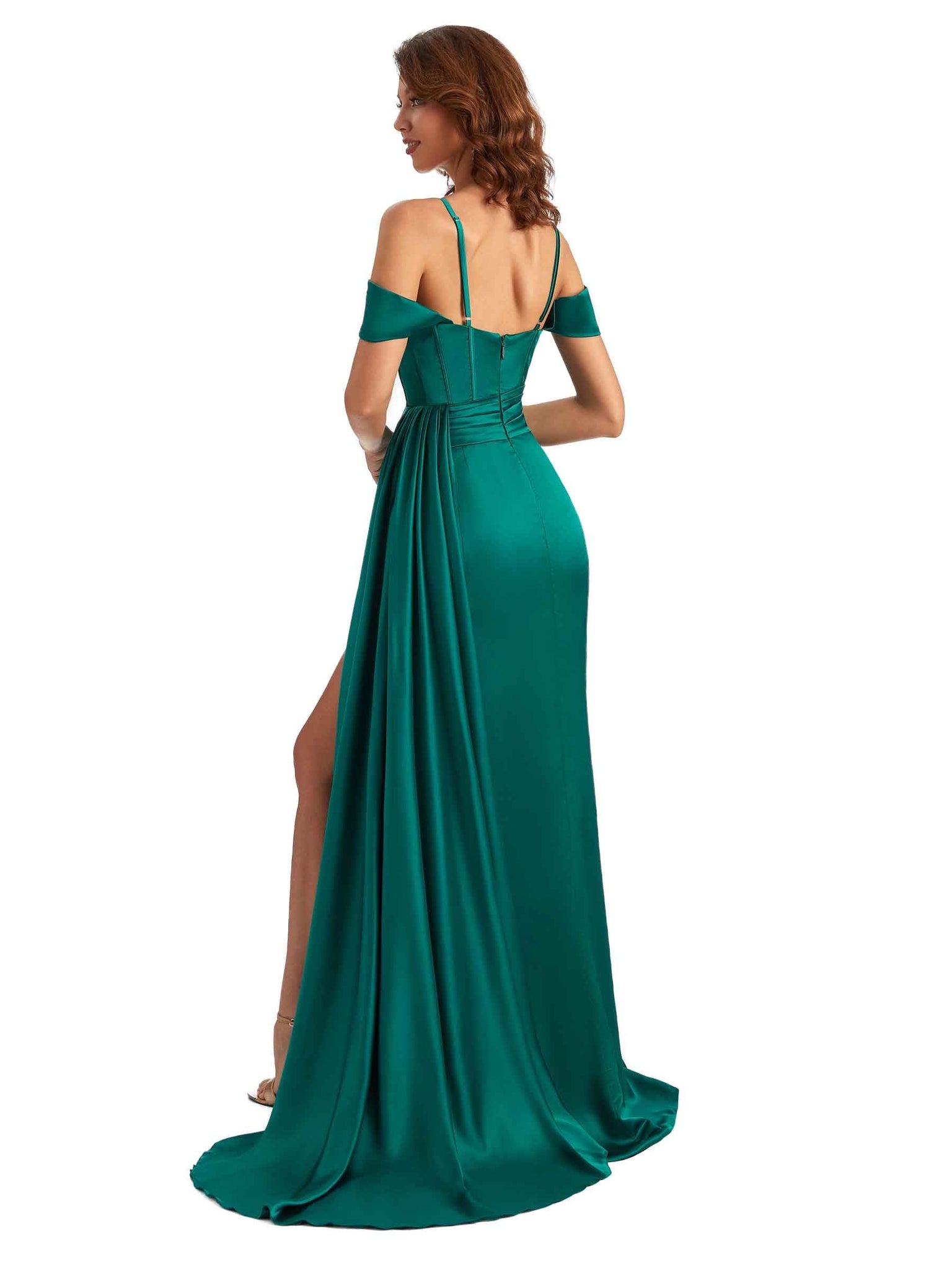 Sexy Side Slit Cold Shoulder Unique Mermaid Satin Chic Long Bridesmaid Dresses UK