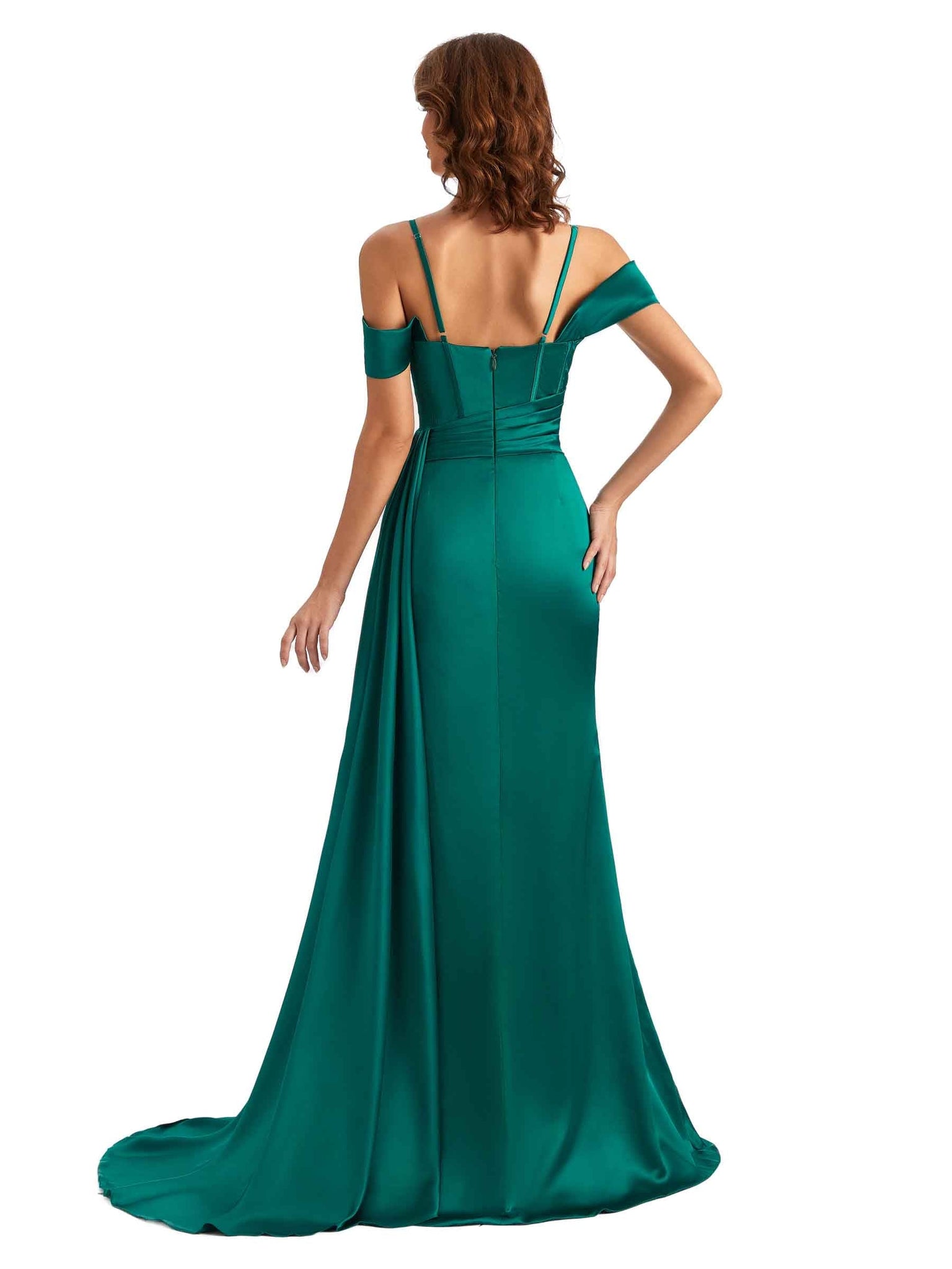 Sexy Side Slit Cold Shoulder Unique Mermaid Satin Chic Long Bridesmaid Dresses UK
