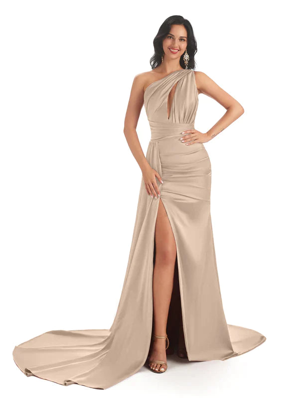 Mismatched Taupe Sexy Side Slit Mermaid Soft Satin Long Bridesmaid Dresses Online