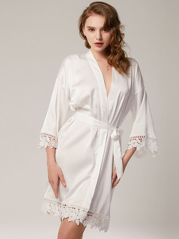 Women's Lace Trim Bride Bridesmaid Robes Silk Like Bridal Party Robes for Wedding Robes