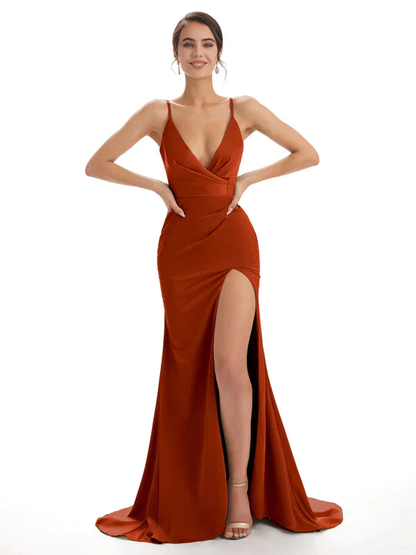 Mismatched Rust Sexy Side Slit Mermaid Soft Satin Long Bridesmaid Dresses UK