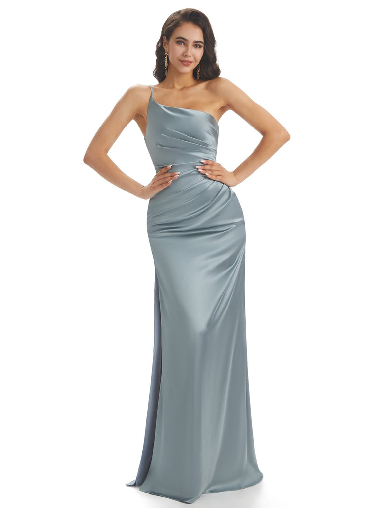 Simple Soft Satin One Shoulder Side Slit Mermaid Long Prom Dresses