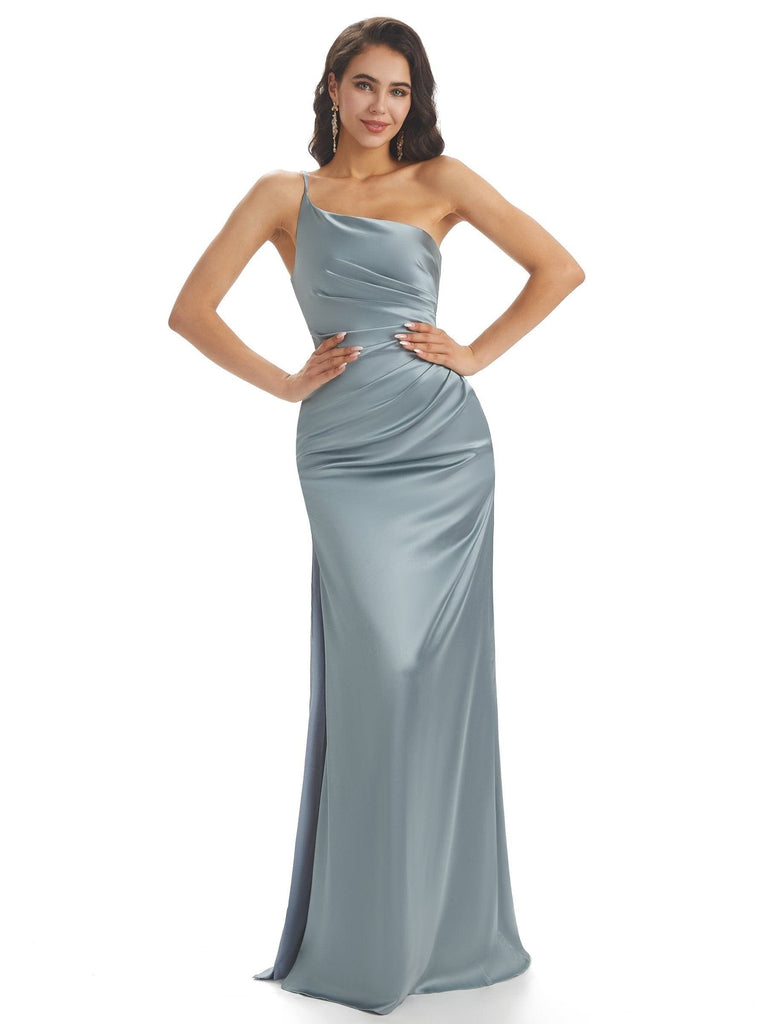 Sexy Side Slit Soft Satin One Shoulder  Mermaid Long Bridesmaid Dresses UK Online Sale