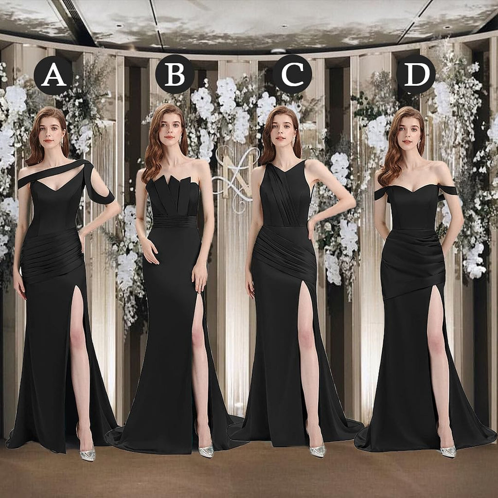 Sexy Mismatched Side Slit Soft Satin Long Mermaid Black Bridesmaid Dresses - ChicSew chicsewuk Sexy Mismatched Side Slit Soft Satin Long Mermaid Black Bridesmaid Dresses - ChicSew chicsewuk