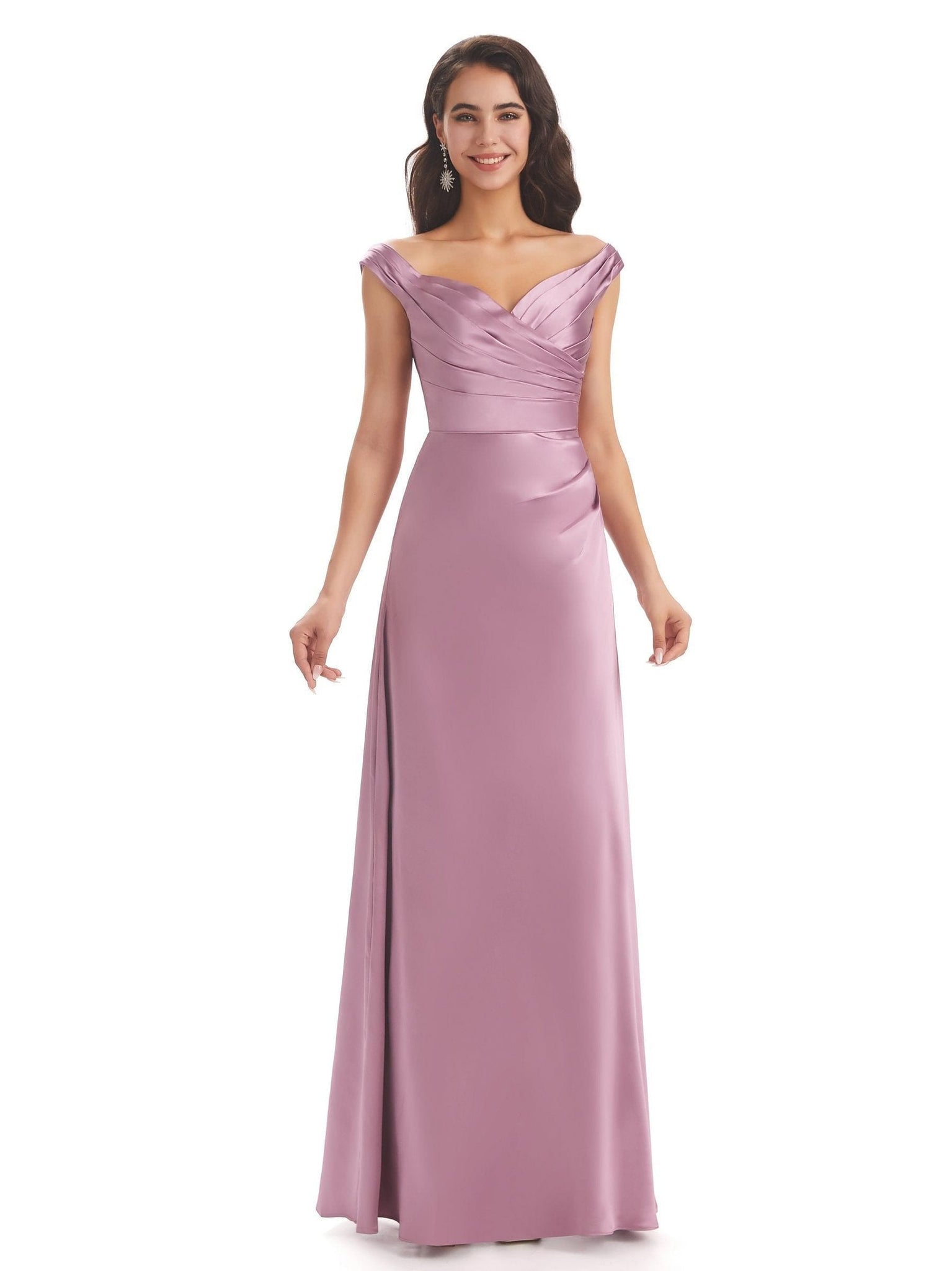 Elegant Soft Satin V-neck Cap Sleeves Long Wedding Bridesmaid Dresses UK