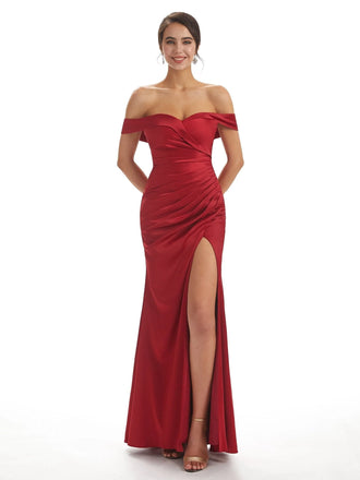 Sexy Side Slit Off The Shoulder Mermaid Soft Satin Bridesmaid Dresses UK Online