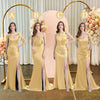 Sexy Side Slit Mismatched Soft Satin Mermaid Long Gold Bridesmaid Dresses UK