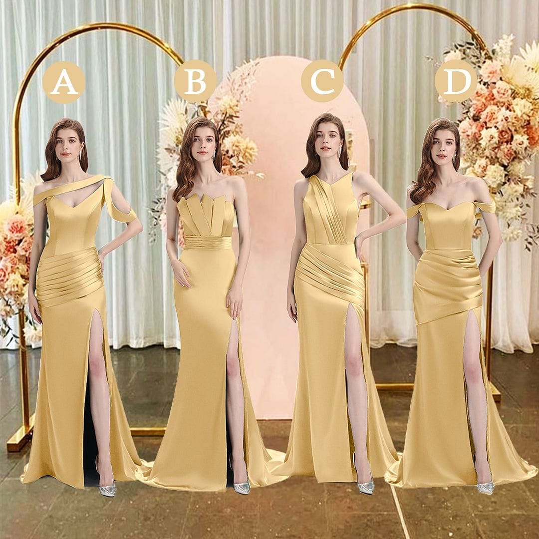 Sexy Side Slit Mismatched Soft Satin Mermaid Long Gold Bridesmaid Dresses UK